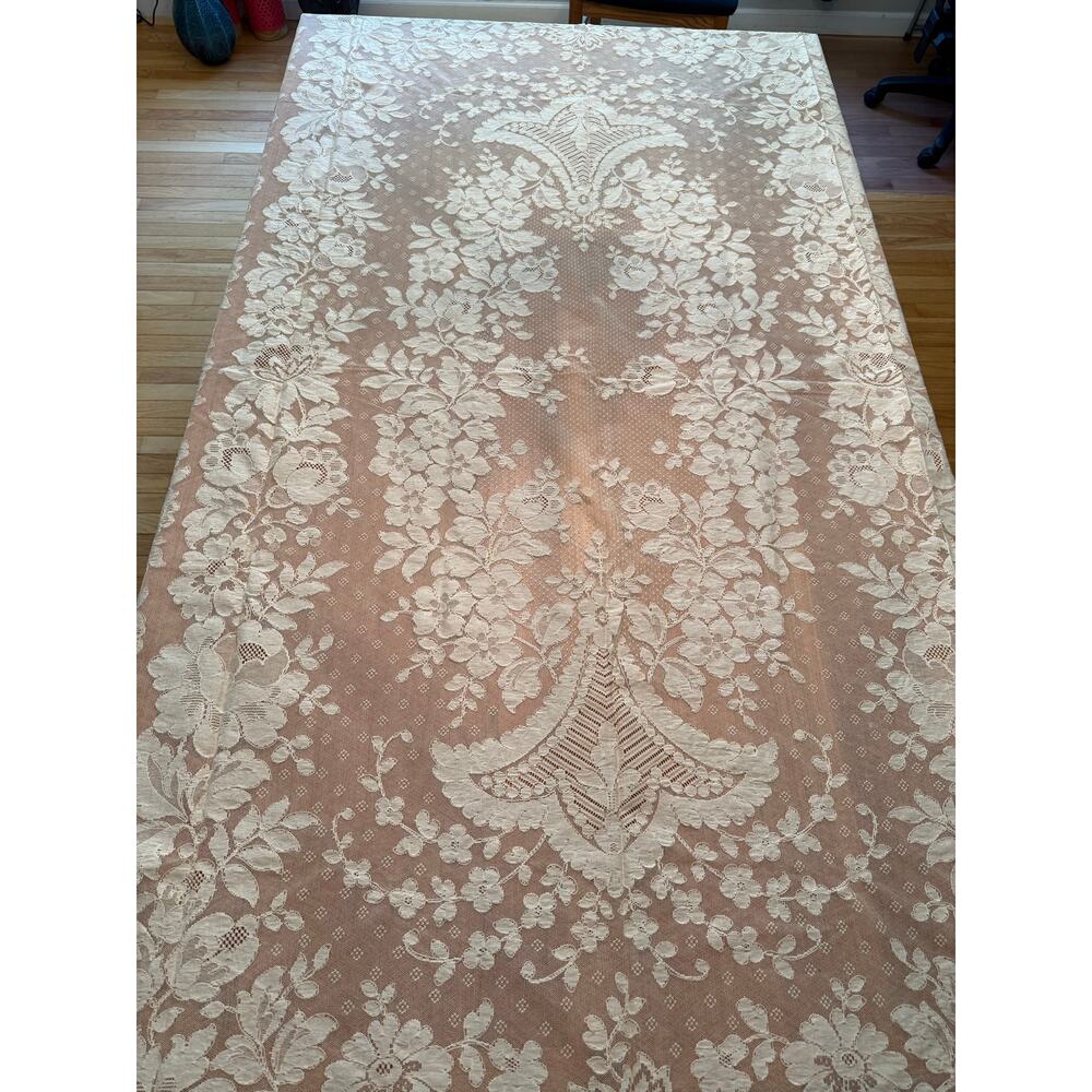 Vintage French Lace Tablecloth Made in France Floral Scalloped Edge 72x108